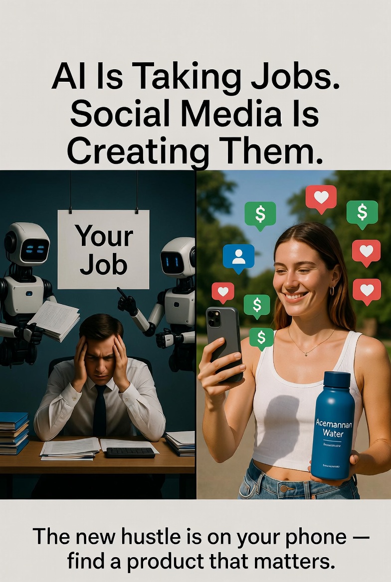 A split comparison image: on the left, workers anxiously displaced by AI robots in an office; on the right, a smiling woman on a beach holding an Acemannan water bottle making sales on her phone. Caption: AI is taking jobs, social media is creating them. The new hustle is on your phone, find a product that matters.