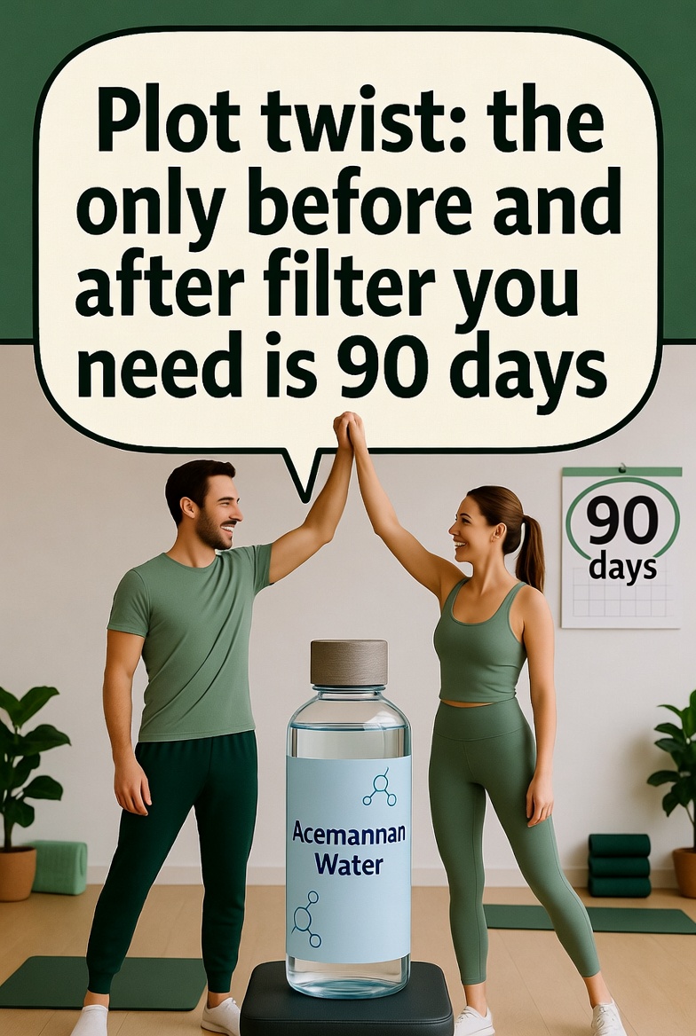 A couple in workout clothes high-fiving next to a bottle labeled Acemannan Water and a 90-day calendar, with caption: Plot twist, the only before and after filter you need is 90 days.