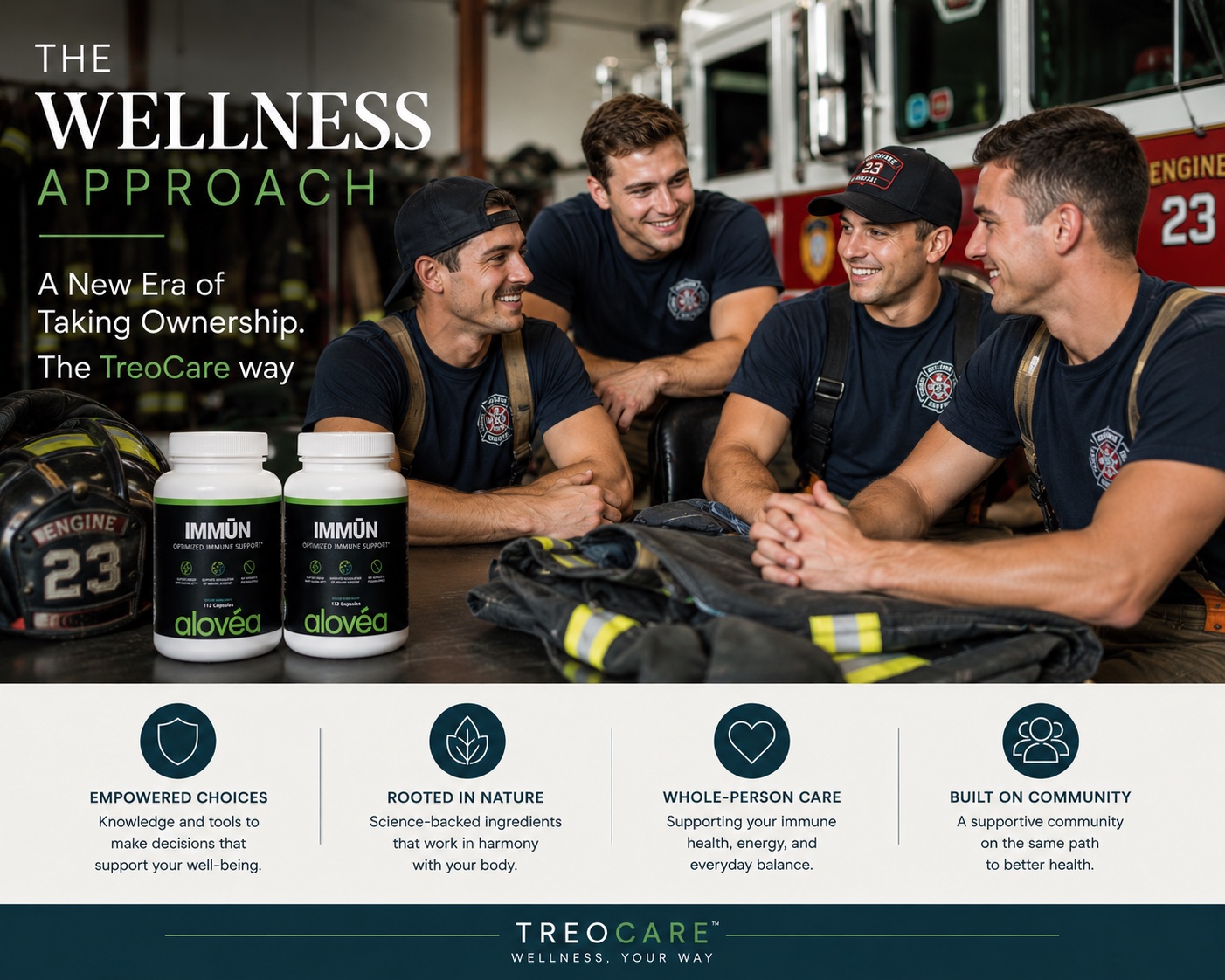 The Wellness Approach — A New Era of Taking Ownership, The TreoCare Way. Four firefighters smiling together at a fire station with Alovea Immun capsule bottles in the foreground. Four pillars below: Empowered Choices, Rooted in Nature, Whole-Person Care, Built on Community. TreoCare — Wellness Your Way.
